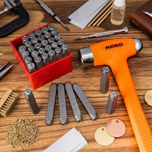 NEIKO 02625A Number and Letter Punch Set with Heat-Treated Steel Punches, Imprinting & Arts and Crafts, 5/16" (8MM) Shaft, 36 Pc Stamp Set, Uppercase Letter & Number Punch Set (A-Z / 0-8 / "&" Symbol)