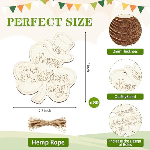 80PCS Wooden St. Patrick's Day Ornaments to Paint Shamrock Cutout Decorations,10 Styles DIY Blank Unfinished Wood Shamrock Cutouts Ornament for Tree Home Crafts Hanging, Hat Beer Gifts Indoor Spring