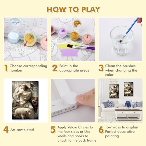 Bowetile Framed Jesus Paint by Numbers Kit for Adults, Adults' Paint-by-Number Lamb Kits on Canvas, Painting by Numbers Wolves, DIY Acrylic Number Painting for Home Wall Decor, 8x12in