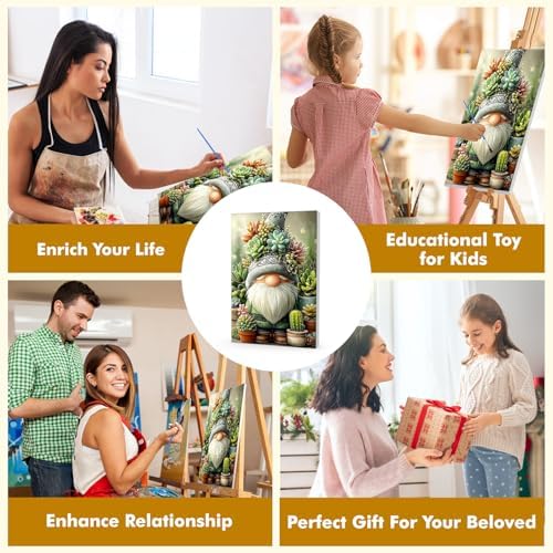 Bowetile Framed Paint by Numbers Gnome Kit for Adults, Adults' Paint-by-Number Kits on Canvas, Painting by Numbers Succulents, DIY Acrylic Number Painting for Home Wall Decor, 8x12in