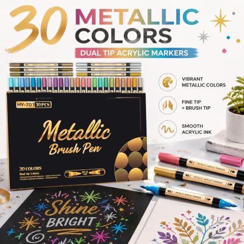Metallic Acrylic Paint Markers Set, 30 Colors Dual Tip Acrylic Paint Pens for Rock Painting, Canvas, Wood, Glass, Ceramic & DIY Crafts, Quick-Dry Waterproof Permanent Paint Markers (30-Color)