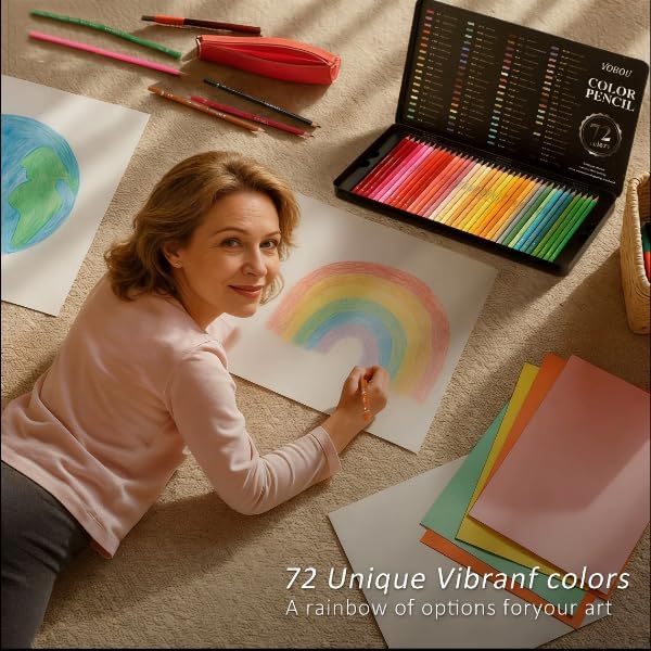 Vobou 72 Colors Artist Colored Pencils Set for Adult Coloring Books, Soft Core Coloring Pencils, Professional Numbered Drawing Pens for Layering Shading Blending, Gift Tin Box for Beginners
