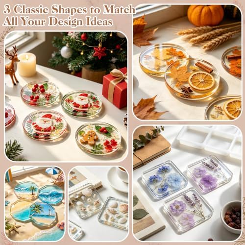 18-Cavity Deep Coaster Resin Molds Silicone Molds for Crafts, 4 Inches Round Squares Octagon Epoxy Resin Molds for DIY Art Flower Preservation