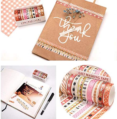 YUBBAEX 10 Rolls Sparkling Washi Tape Set 8mm Skinny Gold Foil Decorative Masking Washi Tapes for Journal,Scrapbook, Planner, DIY Crafts (Sweety Kittens)