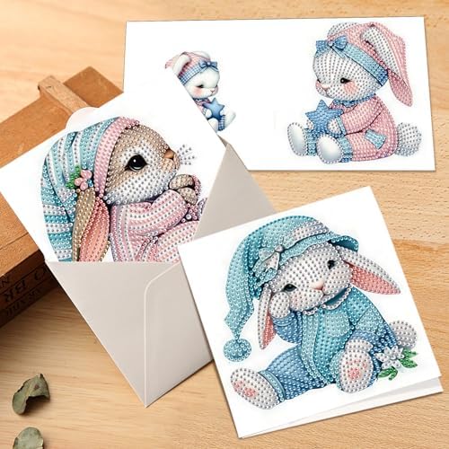 6pcs Diamond Art Painting Kit Greeting Card with Dress Bunny 5D DIY Diamond Handmade Holiday Greeting Card with Envelope, Holiday Gift Congratulation