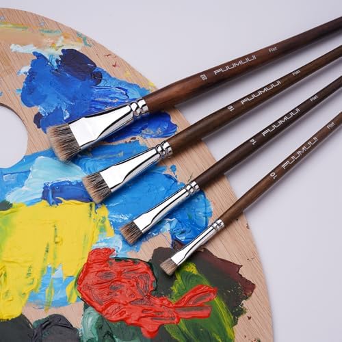 Fuumuui Professional Paint Brush Set, 4Pcs Natural Badger Hair with Flat Shape Blending Mop Oil Paint Brushes for Acrylic Painting Oil and Gouache