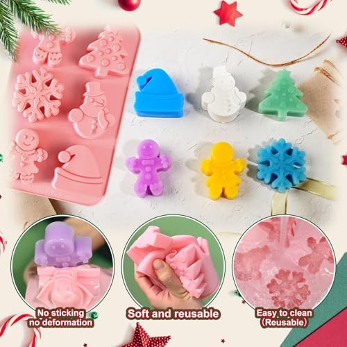 Gingerbread Soap Molds, 2 Pack Christmas Theme Silicone molds 12 Cavity | Xmas Tree Snowman Santa Hat Snowflake 5 Shapes Soap Mold for Lotion Bar Beeswax Resin Candle, Baking Mold for Chocolate
