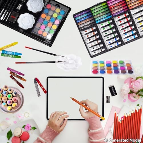 KINSPORY Art Supplies, 139 Pack Painting Drawing Art Kit with 2 Sketch Pads, Deluxe Double Layers Art Set Crafts, Colored Pencils, Oil Pastels, Watercolor Paints, Colored Markers for Kids (Red)