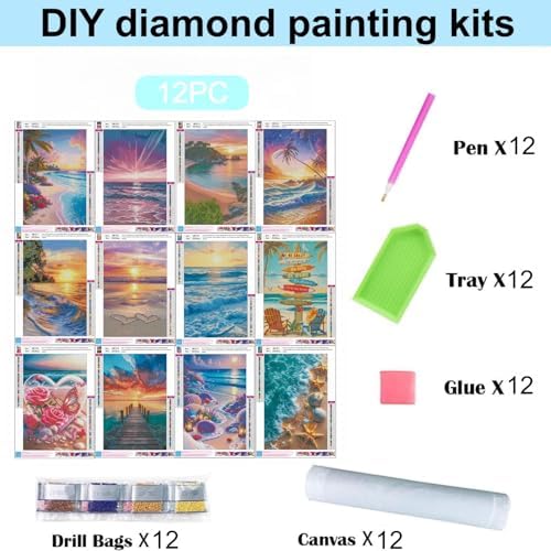 Acelii 12 Pack Summer Beach 5D Diamond Painting Kits, Full Drill Ocean Theme 5D Diamond Art Kits for Adults, Colorful Coastal gem Art Kits, Art Painting Set for Beach Home Wall Decor 9.8x13.8 Inch