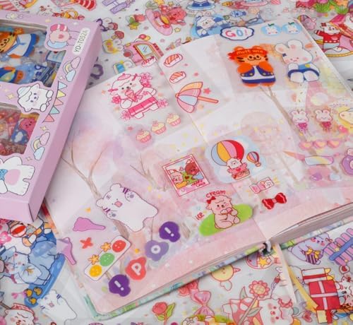 Kawaii Animal Cute Scrapbook Stickers - 100 Sheets CartoonTransparent Stickers for Junk Journal Scrapbooking Collage Planner Album Calendars Notebook DIY Craft Decor