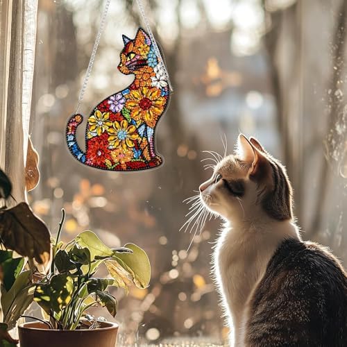 CRZMODE Cat Diamond Art Hanging Kit for Adults, Flower Cat Pendant Diamonds Painting Art Kit, Special Crystal Diamond Art Painting Pendant Ornament, Craft Gift for Women Home Window Decor