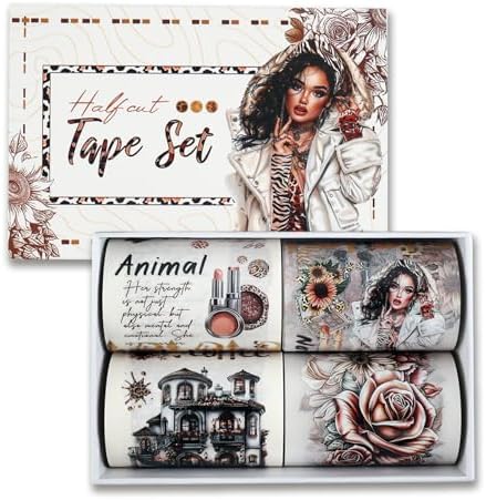 Dizdkizd Washi Tape Set, 4 Pre-Cut Animal Print PET & Washi Tapes Stickers with Diverse Sexy Women, Flowers, Adult Journaling Supplies for Collage Scrapbooks Craft Project