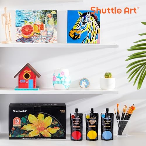 Shuttle Art Acrylic Paint, 18 Colors Acrylic Paint Pouches (120ml/4.06oz), Artist Grade Paint Set, Rich Pigments, Non-Toxic for Artists, Beginners and Kids on Rocks Crafts Canvas Wood Ceramic