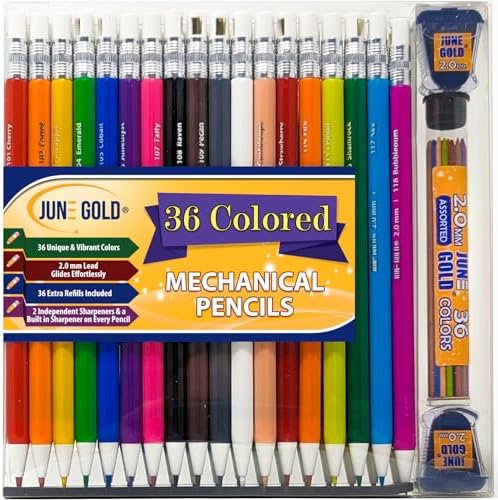 June Gold 36 Colored 2.0 mm Mechanical Pencils/w 36 Refills & 2 Sharpeners