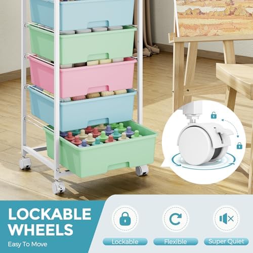 6 Drawer Rolling Storage Cart with Wooden Top and Wheels for Craft Rainbow