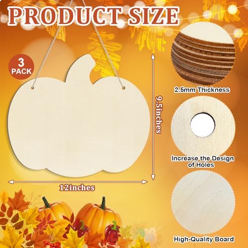 Large Size 12" Wooden Pumpkins Ornaments to Paint, Halloween Thanksgiving DIY Blank Unfinished Wreaths Front Door Sign Decorations Pumpkin Ornament Door Hanging Sign Plaque Autumn Harvest Crafts 3PCS