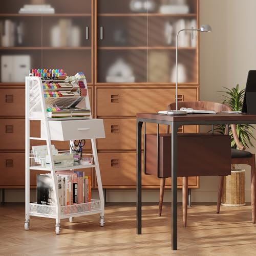 Homsorout 3 Tier Rolling Cart - Metal Utility Cart with Storage Drawer and Wheels, Versatile Art & Craft Organizer for Home, Office, or Studio - Ideal for Storing Brushes, Paints, and Supplies(White)