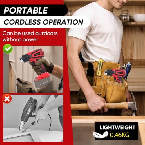 Cordless Heat Gun Compatible with Milwaukee M18 Battery, Fast Heating Variable Temp (122°F~1112°F) Hot Gun LCD Display and 4 Nozzle for Shrink Tubing, DIY(No Battery, Not Made by Milwaukee) (Red)