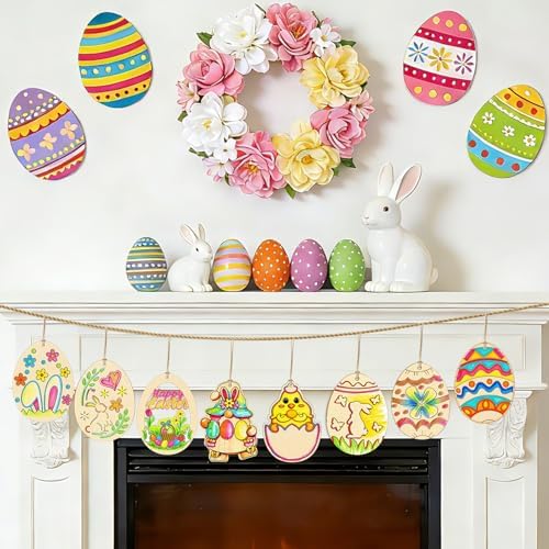 Philorn 40PCS Easter Wooden Crafts Wood Ornaments Kits | Easter Wooden Egg Crafts DIY Eggs Hanging Set for Kids Easter Party Supplies Kids Painting Arts Crafts Spring Home