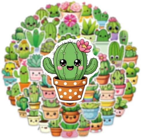 50Pcs Cacti and Succulents Stickers Cute Cactus Stickers Potted Flowers for Water Bottles Laptop Girls Teens Waterproof Bulk Decals,Scrapbook (Colourful-K7)