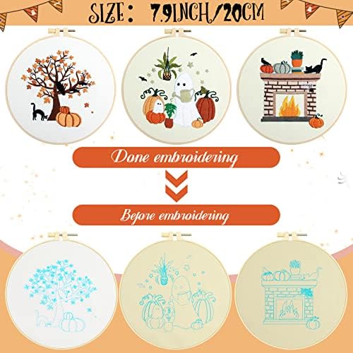 Yuxung 5 Sets Embroidery Kit for Beginners Adult Fall Thanksgiving Embroidery with Pumpkin Maple Leaf Pattern DIY Starter Needlepoint Kit with Embroidery Hoop Thread Needle for Halloween Craft Lover
