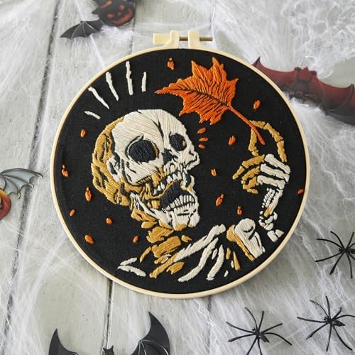 Crafmanoe Halloween Gothic Embroidery Starter Kit for Beginners Adults, Skull Skeleton Stamped Cross Stitch Kits for Beginners Adults, Funny Fall Hand Embroidery Needlepoint Kits with Video Tutorial