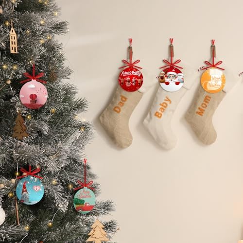 Queekay 25 Pcs White Round Acrylic Christmas Ornament with Red Ribbon DIY
