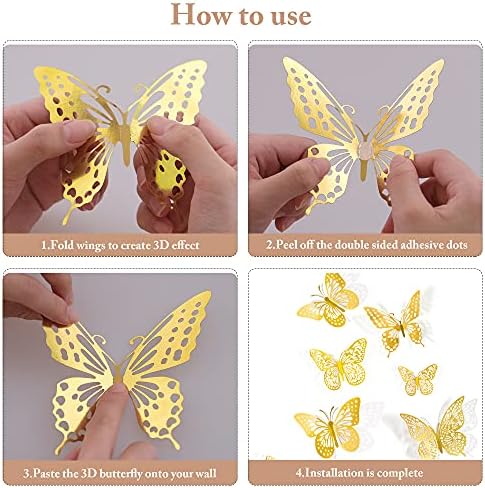SAOROPEB 3D Butterfly Wall Decor 48 Pcs Gold Butterfly Birthday Decorations | 4 Styles 3 Sizes, for Butterfly Birthday Decorations Butterfly Party Decorations Cake Decorations, Removable Stickers