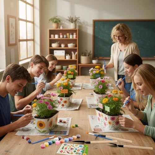 6 Sets Flower Pot Painting Kit DIY 6 Large Metal Iron Plant Pots Acrylic Paint Stickers Brushes Plant Labels Gardening Tool Kit for Planting Crafts Mother's Day Graduation Creative Gift
