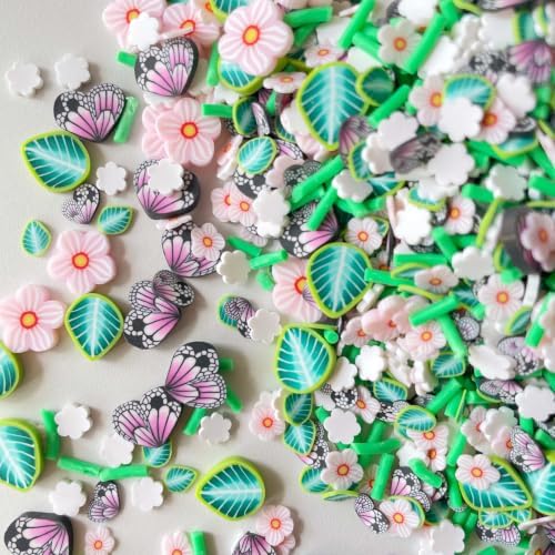 100G Polymer Clay Sprinkles for Crafts, Pink Flower Butterfly Leaves Slices Embellishments for DIY Crafts Nail Art Supplies Cellphone Decoration Accessories (Light Pink)