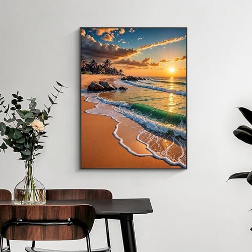 Yezavesu Beach Diamond Art Kits for Adults, Sunset 5D Diamond Painting Kit for Beginners, DIY Round Full Drill Painting with Gem Art Craft Kits for Home Wall Decor 12x16 Inch