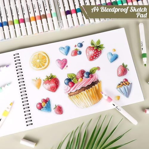 A4 Marker Paper Pad 40 Sheets, 8.3×11.7 Inch Bleedproof Art Sketch Pad, 73lb/120gsm Drawing Paper Spiral Sketch Book, Painting Coloring Alcohol Marker Paper for Beginners, Artists, Gift