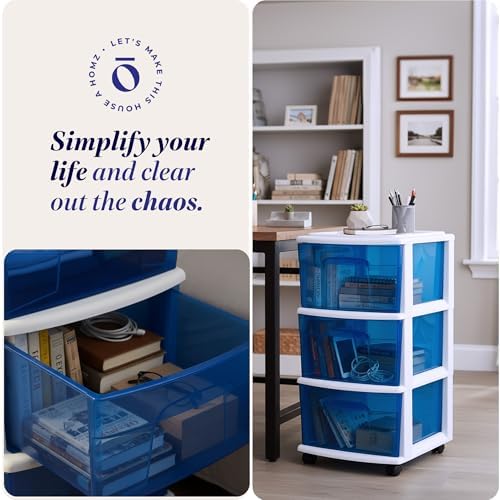 HOMZ Drawer Tower, 3-Tier Storage Cart with Removable Wheels, White Frame