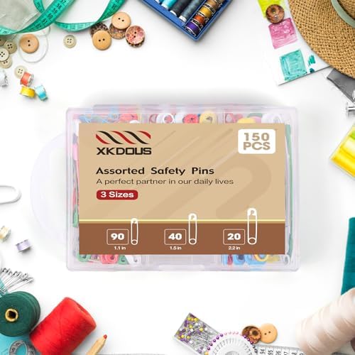 XKDOUS Safety Pins - 150 Pcs Assorted Sizes 6 Color Pins Bulk