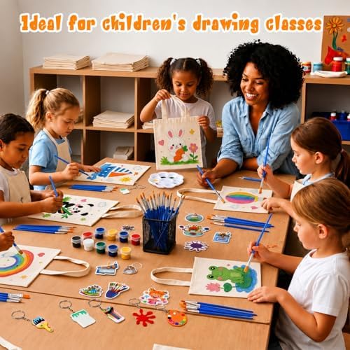 Blueweenly 24 Sets Paint Party Favors Mini Canvas Tote Bags Painting Kit 8" x 8" Color Your Own Canvas Tote Bag Decorating Kit with Paints Palette Brush Keychains for Kids DIY Art Party Classroom