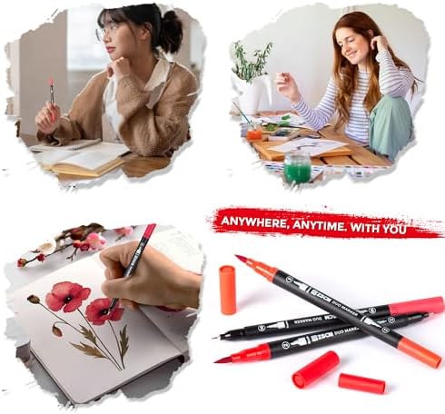 Red Duo Tip Marker Pens, 12 Fine & Brush Tip Pen For Adult Coloring Books