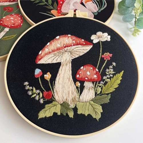 Myfelicity 3 Sets Mushroom Embroidery kit, Adult Beginner DIY Needle kit,Art Craft Handy Sewing Set