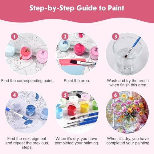 NEWENMO 4 Pack Paint by Numbers for Adults with Wooden Framed, Wildflowers in Vase, Paint by Number Kits on Canvas for Beginner, DIY Acrylic Oil Painting Kits for Home Decor 8x8 inch, Colorful Flowers