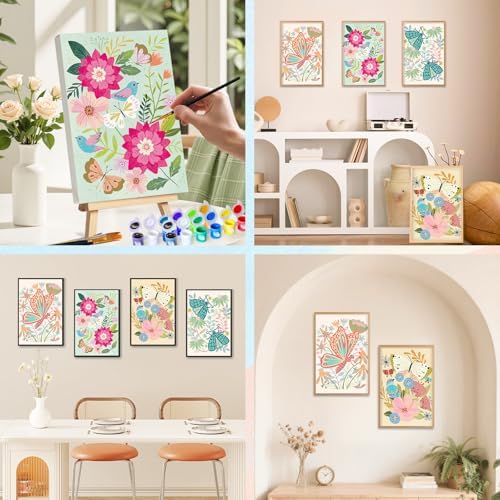 Camocin 4 Pack Framed Paint by Numbers Kit for Adults with Wooden Easel | Flowers & Butterfy Vintage Floral Garden Artwork, DIY Canvas Painting Set, Beginner Friendly, Home Wall Decor, 8x12 Inch