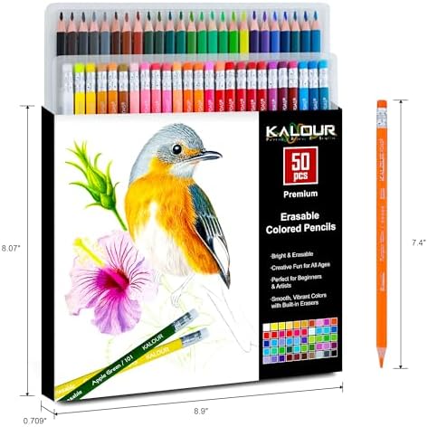 KALOUR 50 Colors Erasable Colored Pencils Set - Easy to Erase, Vibrant and Smooth Coloring Pencils with Erasers - Ideal for Drawing, Sketching, and Coloring Books -Perfect for Adults Beginners Artists