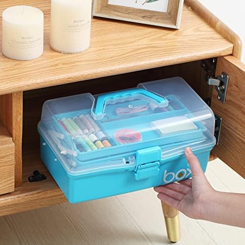Kinsorcai 12'' Three-Layer Clear Art Box Organizer, Multipurpose Plastic Craft Box with Handle (Blue)