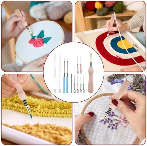 12 Pcs Punch Needle Kit, Embroidery Punch Needle Tool Wooden Handle Embroidery Tool Punch Needle Threader Set for Adults Beginner Yarn Floss Cross Stitching