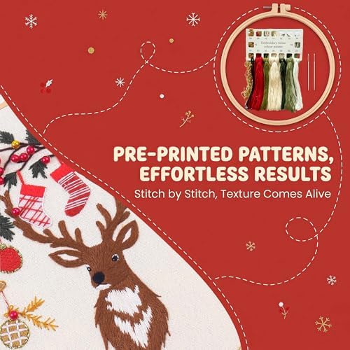 Harimau Adult Beginner Embroidery Starter Kit for Christmas Patterns, Complete Set with 4 Patterns, 2 Hoops, Needles, Scissors, Instruction Guide & Stitching Video Tutorials