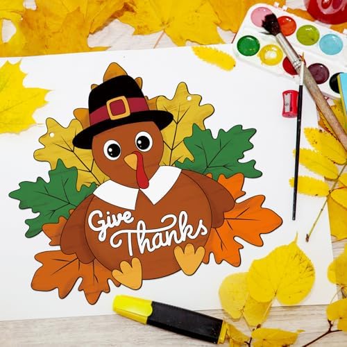 Paintable Thanksgiving Ornaments 3 Sets, Wooden Turkey Ornaments to Paint, Unfinished Give Thanks Wreaths Wood Crafts for Painting, Wood Cutouts DIY Ornament for Door Decor