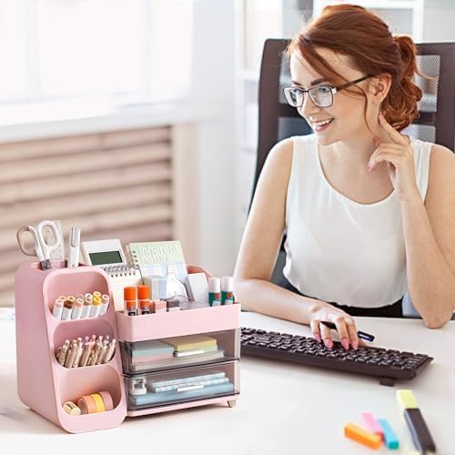 HBlife Desk Organizer with Pen Pencil Holder for Desk, Pen Organizer with 2 Drawers, Desk Organizers and Accessories with 4 Compartments, Desktop Storage for Office Home School Art Supplies, Pink
