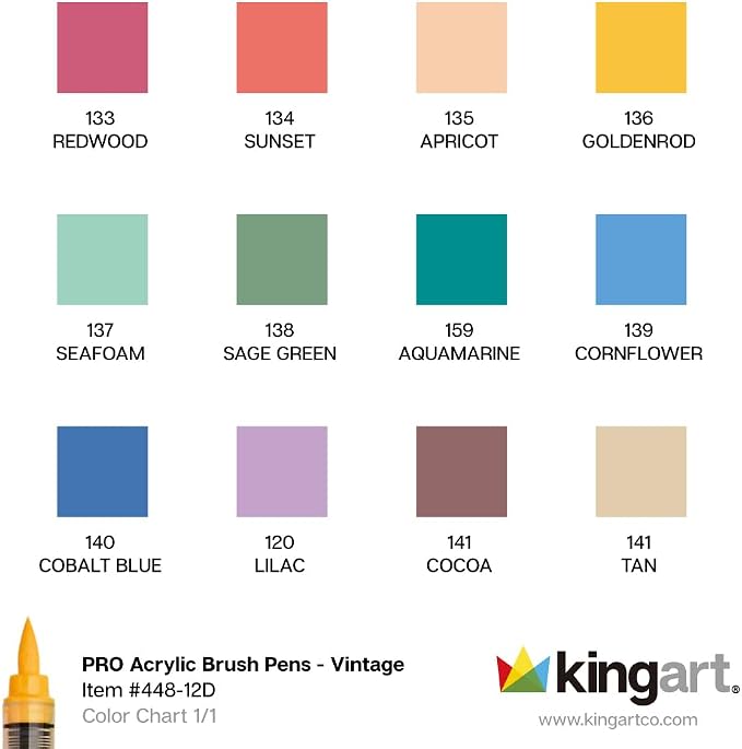 KINGART Acrylic Paint Markers Brush Tip, 12 Vintage Colors. Water-based, no-bleed, waterproof pens with automatic ink control for rock, egg, wood, fabric, glass & DIY crafts