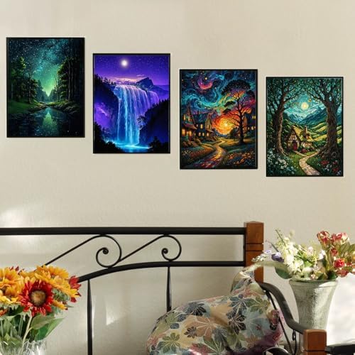 Lovepefe Starry Sky Paint By Numbers Kit for Adults, 4 Pack Country Night Paint By Number Kits for Beginner Moon Acrylic On Canvas DIY Oil Painting Kit for Gift Home Wall Decor 12x16 Inch