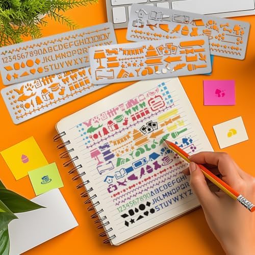 UNICRAFTALE 4Pcs Metal Stencils for Wood Burning Mixed Patterns Stencils Stainless Steel Reusable Templates Alphabet and Number Bookmark Ruler School Supplies for DIY Engraving Painting Scrapbooking