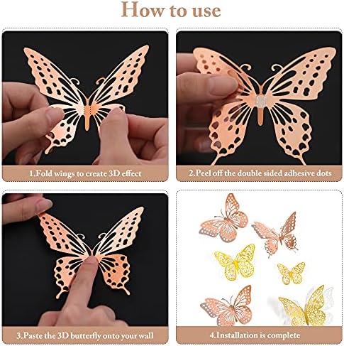 SAOROPEB 3D Butterfly Wall Decor, 48 Pcs 4 Styles 2 Color 3 Sizes, Removable Metallic Wall Sticker Room Mural Decals for Kids Bedroom Nursery Classroom Party Decoration (2 Color) | 4 Styles 2 Color 3 Sizes, Removable Metallic Wall Sticker Room Mural De...