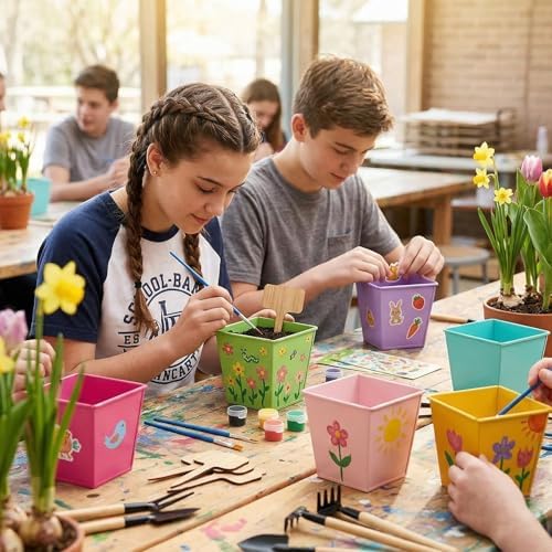 6 Sets Flower Pot Painting Kit DIY 6 Colorful Metal Iron Plant Pots Acrylic Paint Stickers Brushes Plant Labels Gardening Tool Kit for Planting Crafts Mother's Day Graduation Creative Gift